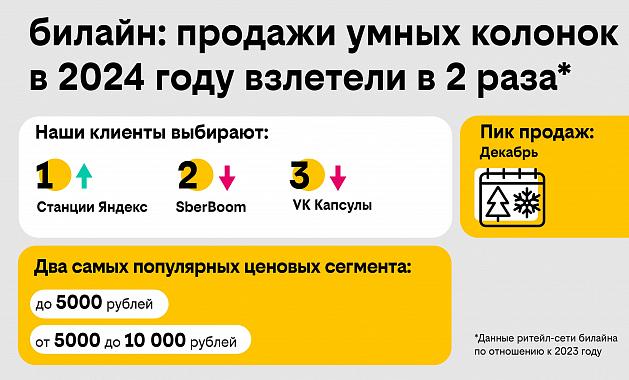 Продажи умных колонок в 2024 году взлетели в 2 раза — билайн